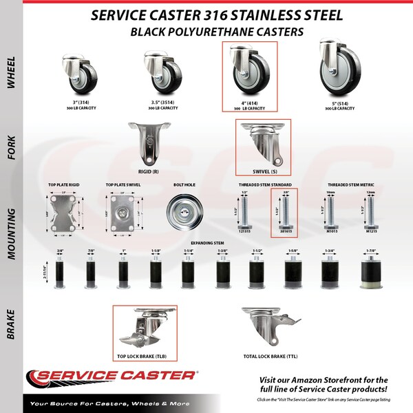 Service Caster 4 Inch 316SS Black Polyurethane Swivel 3/8 Inch Threaded Stem Caster with Brake SS316TS20S414-PPUB-BLK-TLB-381615 - main